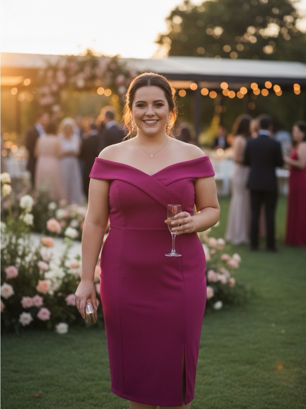 Nikibiki Off-Shoulder Magenta Midi Dress